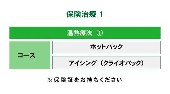 保険治療1 保険治療1、コース、ホットパック、アイシング(クライオパック)